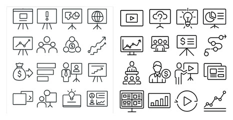 Fototapete - Set of icons for a presentation. The icons include a person with a dollar sign, a person with a backpack, a person with a laptop, a person with a mouse, a person with a keyboard