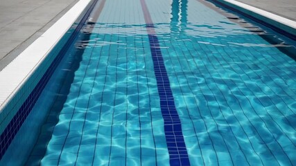 Poster - Concentric water ripples spreading across swimming pool lane, revealing mesmerizing dynamic patterns of liquid surface movement in soft blue tones