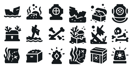 Fototapete - Collection of black and white icons that represent various underwater themes such as a shipwreck, a diver, and a box
