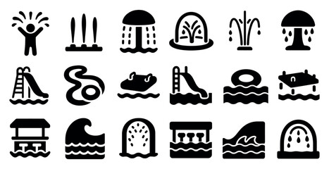 Fototapete - Collection of water-related icons, including a slide, a pool, and a water slide