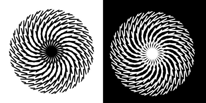 Abstract background with abstract line pattern in circles. Spiral art design as a logo or icon. A black figure on a white background and the same white figure on a black side. Mandala design with line
