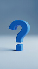 Poster - Blue question mark, 3D render, stands on a cube, simple design, symbolizes inquiry, question, uncertainty, puzzle