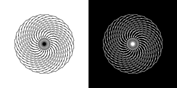 Abstract background with abstract line pattern in circles. Spiral art design as a logo or icon. A black figure on a white background and the same white figure on a black side. Mandala design with line