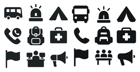 Fototapete - Collection of icons for various services and objects, including a bus, a tent, a backpack, a cell phone, a microphone, a fire truck, a police car, a first aid kit, a backpack, a tent, a bus, a
