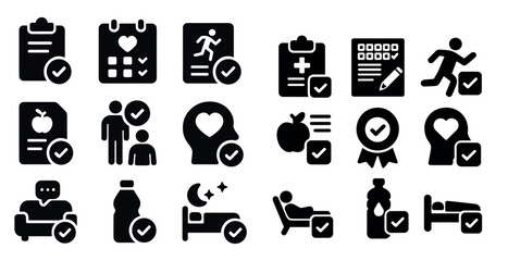 Fototapete - Set of icons for health and wellness, including a heart, a clock, and a check mark