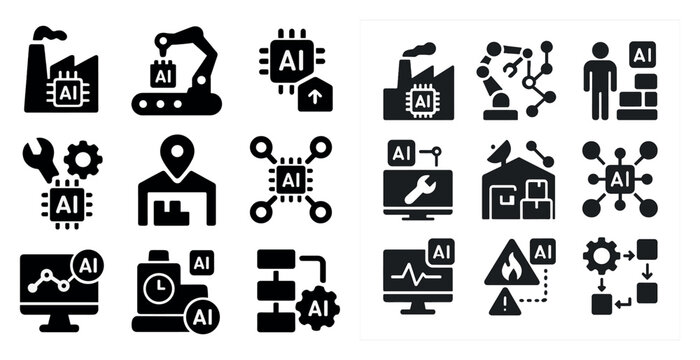 The image is a collection of various icons that represent different aspects of technology and engineering. The icons include a robot, a computer, a person, and a building, among others