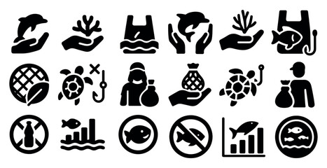 Leinwandbilder - Collection of black and white icons that represent various concepts related to the ocean and marine life. The icons include a hand holding a fish, a hand holding a turtle, a hand holding a dolphin