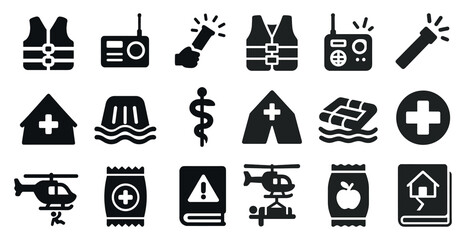 Leinwandbilder - Collection of icons for various emergency services and equipment. The icons include a life preserver, a first aid kit, a medical cross, a helicopter, a fire extinguisher, and a book