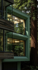 Poster - Green building exterior showcasing large windows offering a view of lush indoor plants, nestled amongst tall trees.  Represents modern architecture, nature integration, and tranquil living.