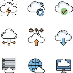 Poster - Cloud computing icons showcase digital processes, creating a technological mood, highlighting the concept of data storage and transfer with a clean, modern style.