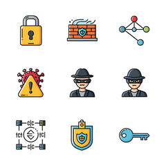 Poster - Cybersecurity icons representing network protection, risk management, and data privacy on a white background illustrating a security concept.