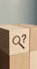 Poster - Close-up of light wood cubes, one featuring carved magnifying glass and question mark, representing search, inquiry, problem-solving, or FAQ concept