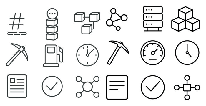 Collection of icons including a clock, a hammer, a shovel, and a gas pump. The icons are all in black and white