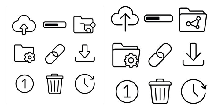 Set of icons for various computer applications. The icons are all in black and white and include a trash can, a clock, a file folder, and a download icon. The icons are arranged in a grid