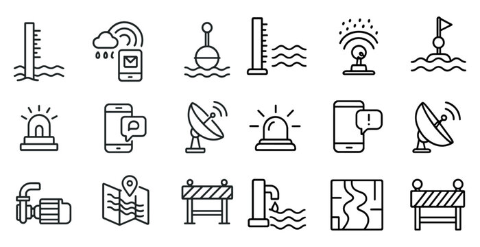 Set of icons for various devices and objects, including a cell phone, a map, a stop sign, and a weather station