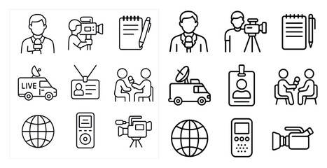 Poster - Set of icons for news and media, including a man with a camera, a microphone, a news van, and a TV
