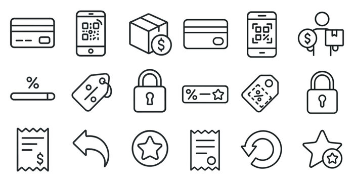 Set of icons for shopping and payment, including a credit card, a phone, a box, a key, a star, and a dollar sign