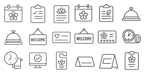 Poster - Set of icons for a hotel or restaurant. The icons include a clock, a sign that says 