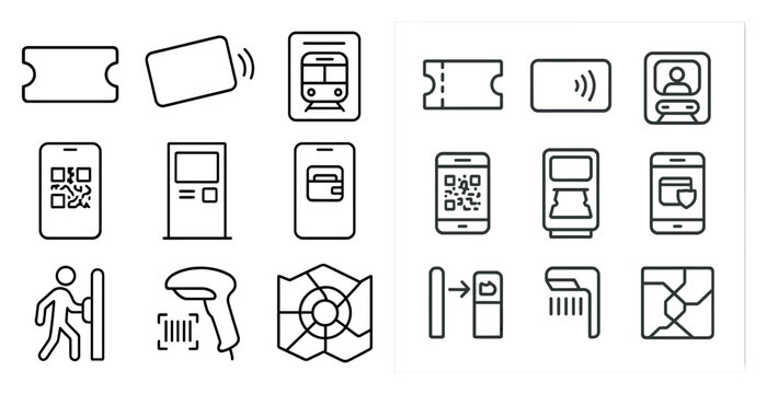 Set of icons for a mobile app. The icons include a ticket, a phone, a credit card, a ticket machine, a ticket scanner, a ticket, a ticket, a ticket, a ticket, a ticket, a ticket