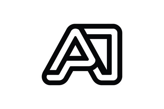 A stylized black and white logo featuring the letters a and j design