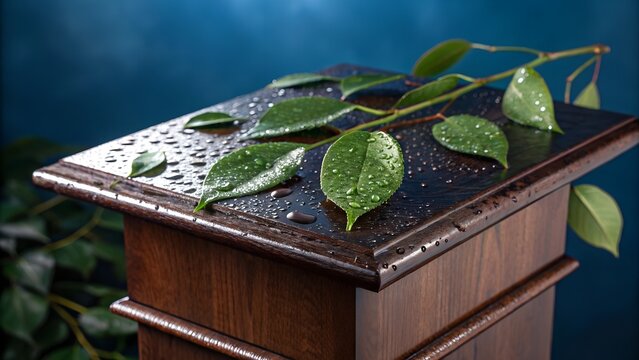 dark wooden podium with dewy green leaves on dark