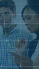 Poster - Animation of graphs and numbers on grid pattern over diverse coworkers discussing report on laptop