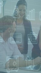 Poster - Animation of icons and data processing over diverse business people using computer in office