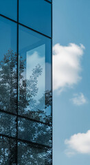 Poster - Glass building facade reflecting tree foliage and sky, showcasing modern architecture and nature's harmony, ideal for corporate or environmental themes