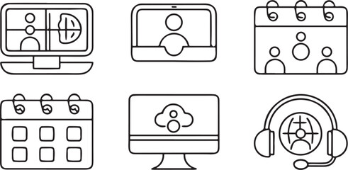 Fototapete - Virtual Meeting Icon Set, video call, screen share, calendar invite, chat bubble, headset, cloud, remote work collaboration tools