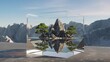 © Mainul - Bonsai trees and rock formation reside inside a clear glass cube against distant mountains
