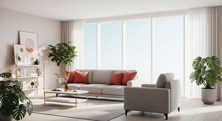 Aufkleber - Bright living room interior showcase featuring a grey sofa, armchair, coffee table, and plants, creating a calm and serene atmosphere, ideal for home decor or lifestyle concepts
