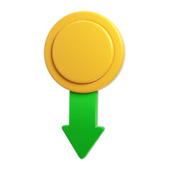 Fototapete - 3D cryptocurrency icon falling with green down arrow symbolizing the fall of financial potential of gold and coins on transparent investments