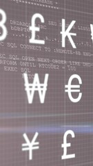 Poster - Animation of multiple currency symbols over data processing against light spot on black background