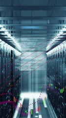 Poster - Animation of financial data processing against mosaic squares over computer server room
