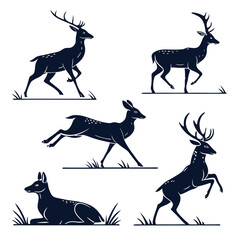 Fototapete - Set of six wild deer silhouettes isolated on white background
