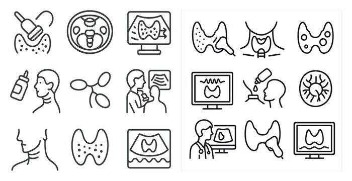 Set of medical icons including a doctor, a stethoscope, and a computer monitor. The icons are all in black and white