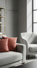 Aufkleber - Grey sofa with coral pillows in modern living room setting, showcasing minimalist interior design and comfortable space, ideal for relaxation and showcasing home dÃ©cor