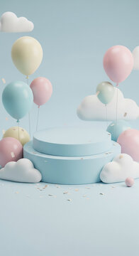 Pastel balloons and clouds surround a light-blue pedestal, creating a festive and airy scene, ideal for product display or celebration themes
