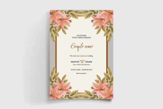 WEDDING INVITATION FRAME WITH FLOWER DECORATIONS AND FRESH LEAVES