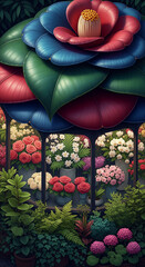 Poster - Floral kiosk with diverse blooms showcased under a large camellia-like structure, creating a vibrant and enchanting scene, ideal for floral or botanical concepts