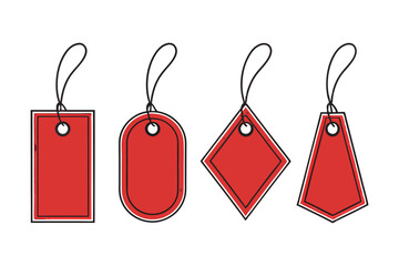 Fototapete - Set of red sale tags. Blank price labels with stitched borders and strings. Vector illustration template for shopping, discount, or gifts.