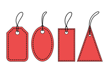 Fototapete - Set of red sale tags. Blank price labels with stitched borders and strings. Vector illustration template for shopping, discount, or gifts.