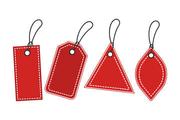 Fototapete - Set of red sale tags. Blank price labels with stitched borders and strings. Vector illustration template for shopping, discount, or gifts.