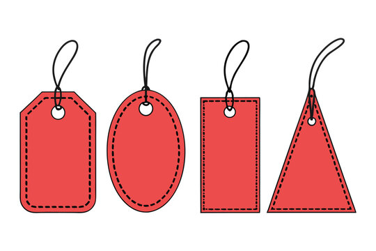 Set of red sale tags. Blank price labels with stitched borders and strings. Vector illustration template for shopping, discount, or gifts.