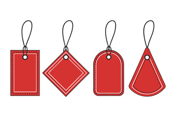 Fototapete - Set of red sale tags. Blank price labels with stitched borders and strings. Vector illustration template for shopping, discount, or gifts.