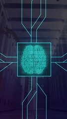 Poster - Animation of circuit board pattern, brain in square, globe against low angle view of server room