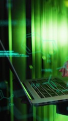 Poster - Animation of medical data processing over mid section of male engineer using laptop at server room