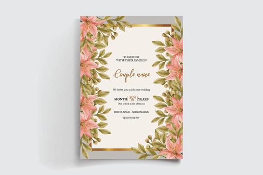 WEDDING INVITATION FRAME WITH FLOWER DECORATIONS AND FRESH LEAVES