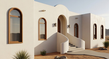 Poster - White stucco house with arched windows and doorways, curved staircase, desert landscape background showcasing modern desert architecture, ideal for real estate or travel