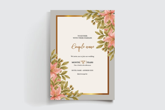 WEDDING INVITATION FRAME WITH FLOWER DECORATIONS AND FRESH LEAVES
